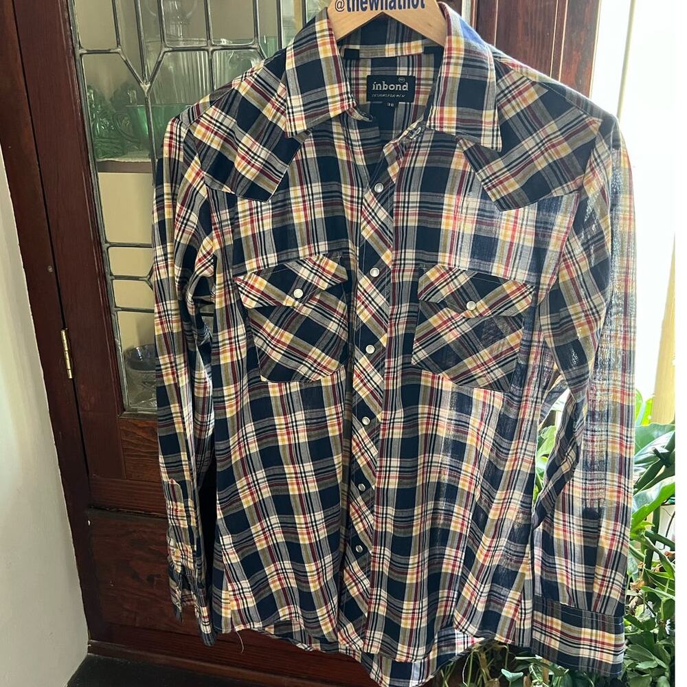 Vintage 70s Men's Plaid Pearl Snap Shirt Size 38 Blue Yellow Americana 38 Unisex - Picture 9 of 17